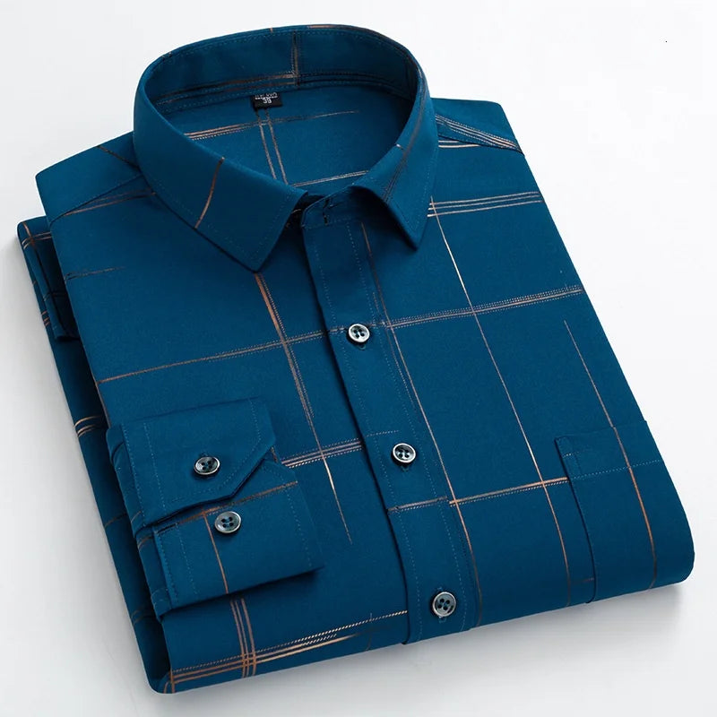 Men's Dress Shirts Spring Autumn Latest Hot Sale Non-iron Anti-wrinkle Business Casual Print Thin Plaid Slim Fit chemise homme