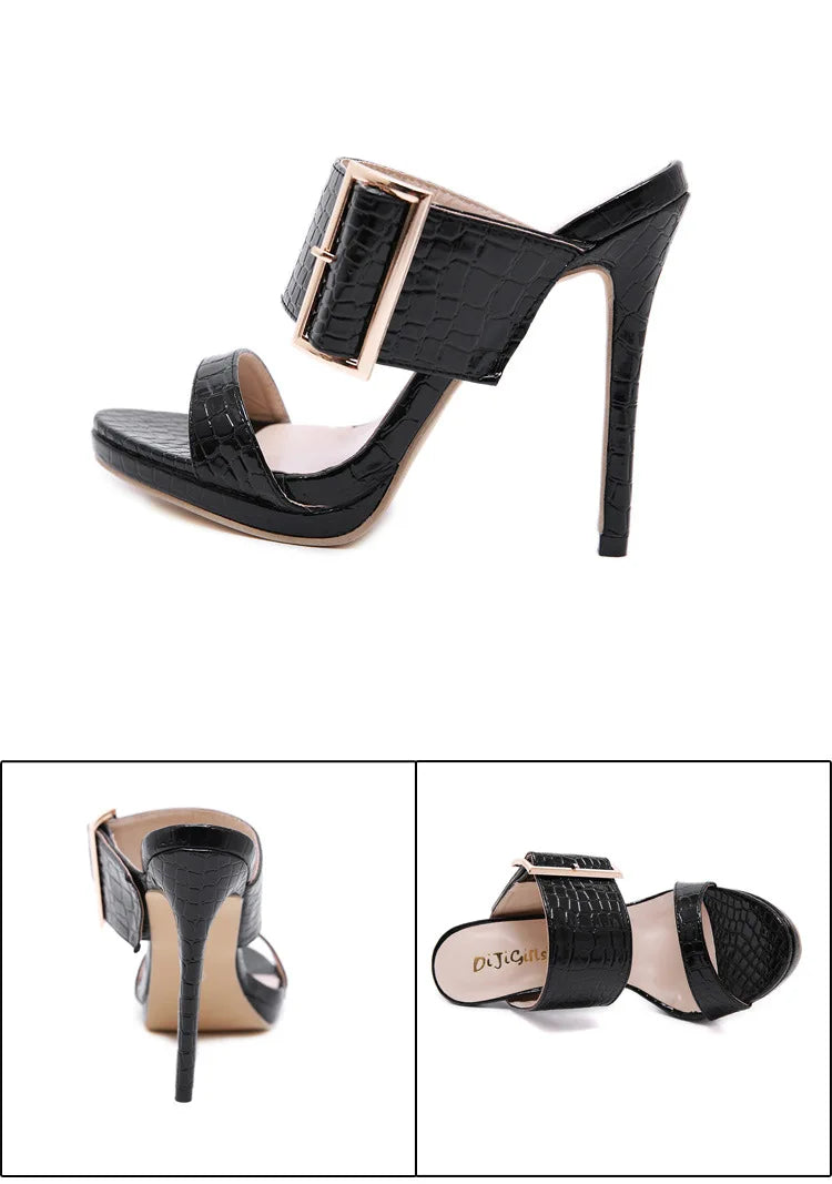 Women's Sandals Open Toe High Heeled Slippers Big Buckle Heels  Sandalias Mujer  Ladies Shoes  Heels Women Slender Heel