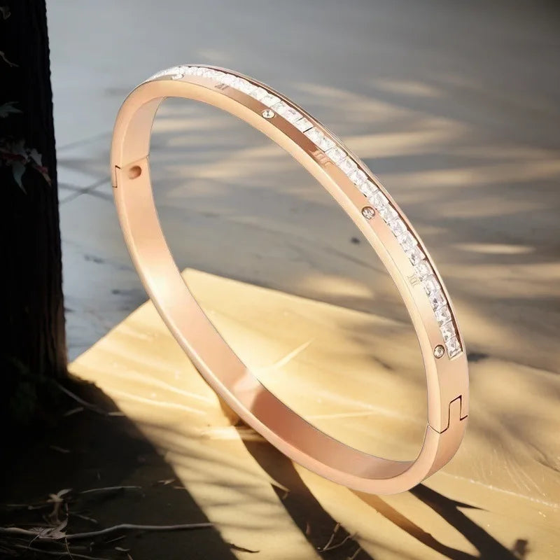 Silver Color Bangles Bracelet for Women Girls Titanium Steel 18K Gold Plated Waterproof Jewelry Luxury Sparkling Zircon Bangles