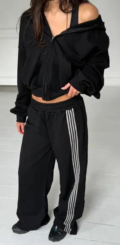 Womens Hooded Tracksuit Set with Zipper Side Striped Pants Activewear Casual Sportwear Outfit for Daily Life Gym and Leisure