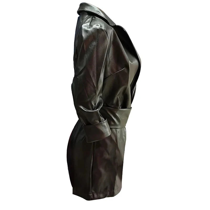Elegant Leather Women's Dress Sexy V Neck Leather Mid Length PU Leather Waist Closure Dresses Trend Turn Down Dress With Belt