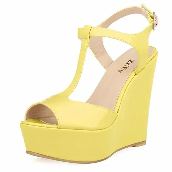 Women Wedge Sandals 2026 New Summer 14cm Open Toe Sexy Ankle Strap High Heels Patent Leather Platform Pumps Party Wedding Shoes