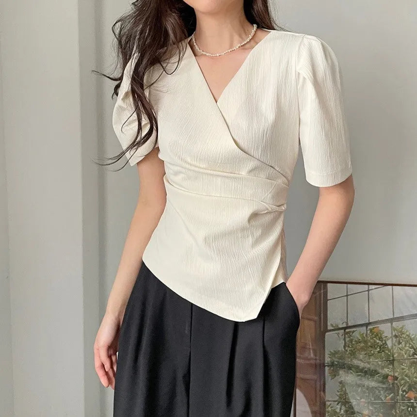Women Blouse 2026 Spring Summer Solid Tucked V Neck Slim Blouse Elegant Short Sleeve Asymmetrical Top For Women Hot Sale