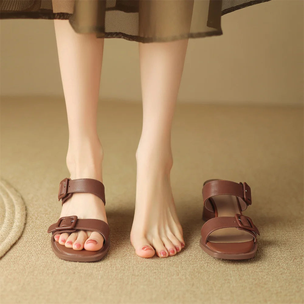 Women's sandals summer 2023 cow leather double metal belt 5.5cm thick med heel slip-on slippers elegant ladies slim daily pumps