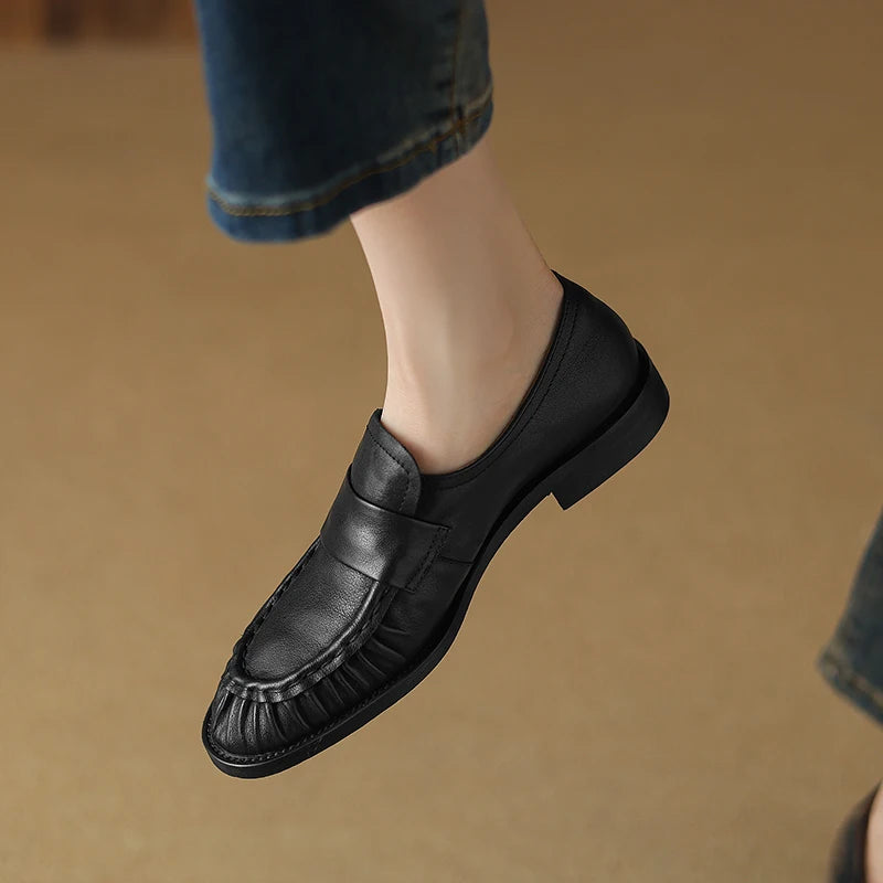 Women Shoes Spring Simple Shoes Soft Flats Slip On Girl Pleated Footwear Handmade Round Toe Genuine Leather Cozy Vintage Shoes