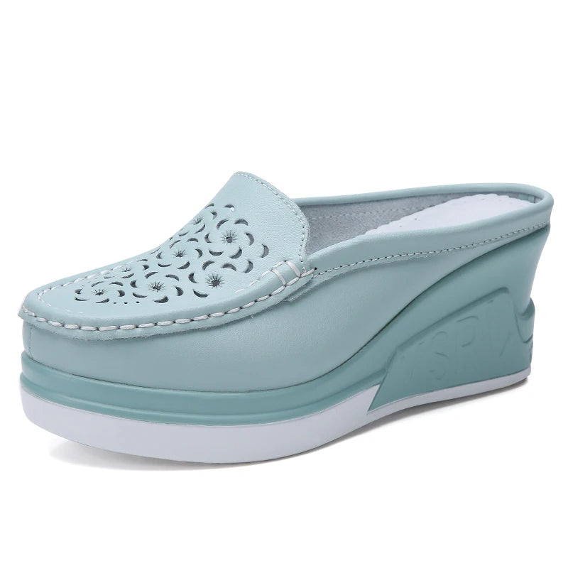 STRONGSHEN Women Slippers Casual Hollow Out Heel Wedge Thick Bottom Increase by 8cm Half Slippers Women's Non slip Fashion Shoes