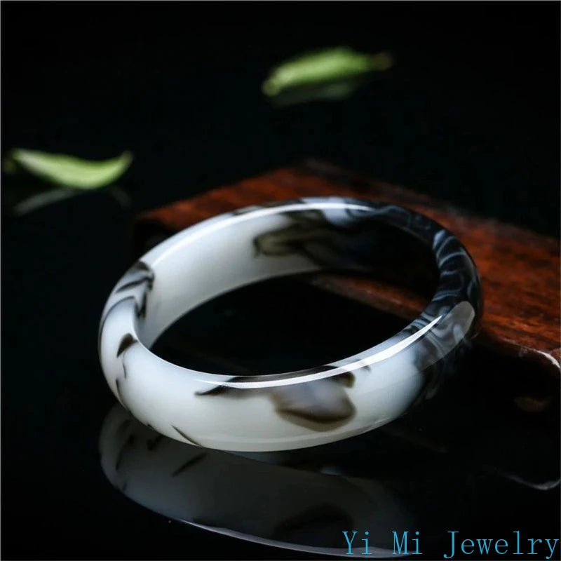 Natural Hetian Jade Bracelet Black White Flowers Charm Fashion Retro Fine Jewelry Elegant Girl Couple Luxury Bangle Holiday Gift