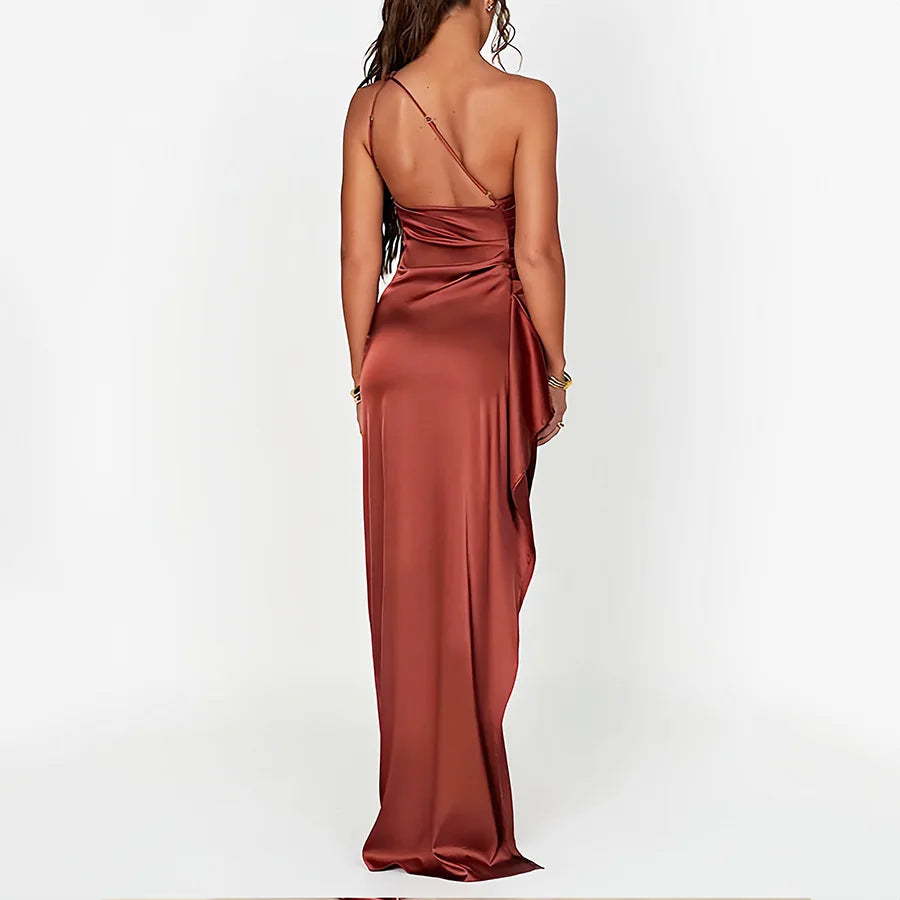 Sexy One Shoulder Satin Long Dress For Women Summer Sleeveless High Split Backless Party Evening Dresses Elegant Cocktail Dress