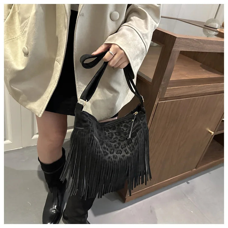 Women's Fashion Handbags Retro Leopard Print Tassel Shoulder Bag Casual Tote Bag Purses and Handbag Ladies Hand Bags