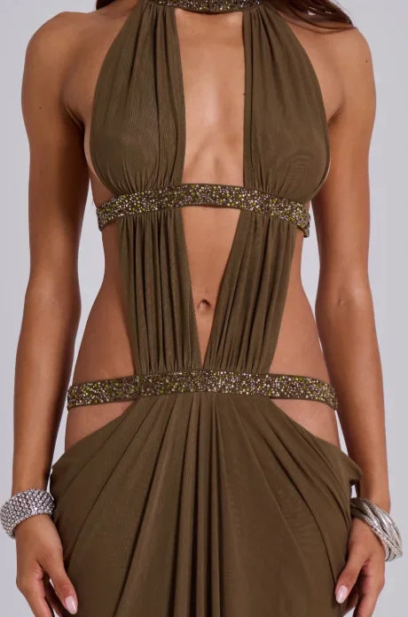Women Sexy Backless Sequin Halter Dress Sleeveless Off Shoulder Hollow Out Pleated Maxi Dresses 2026 Lady Evening Party Gowns