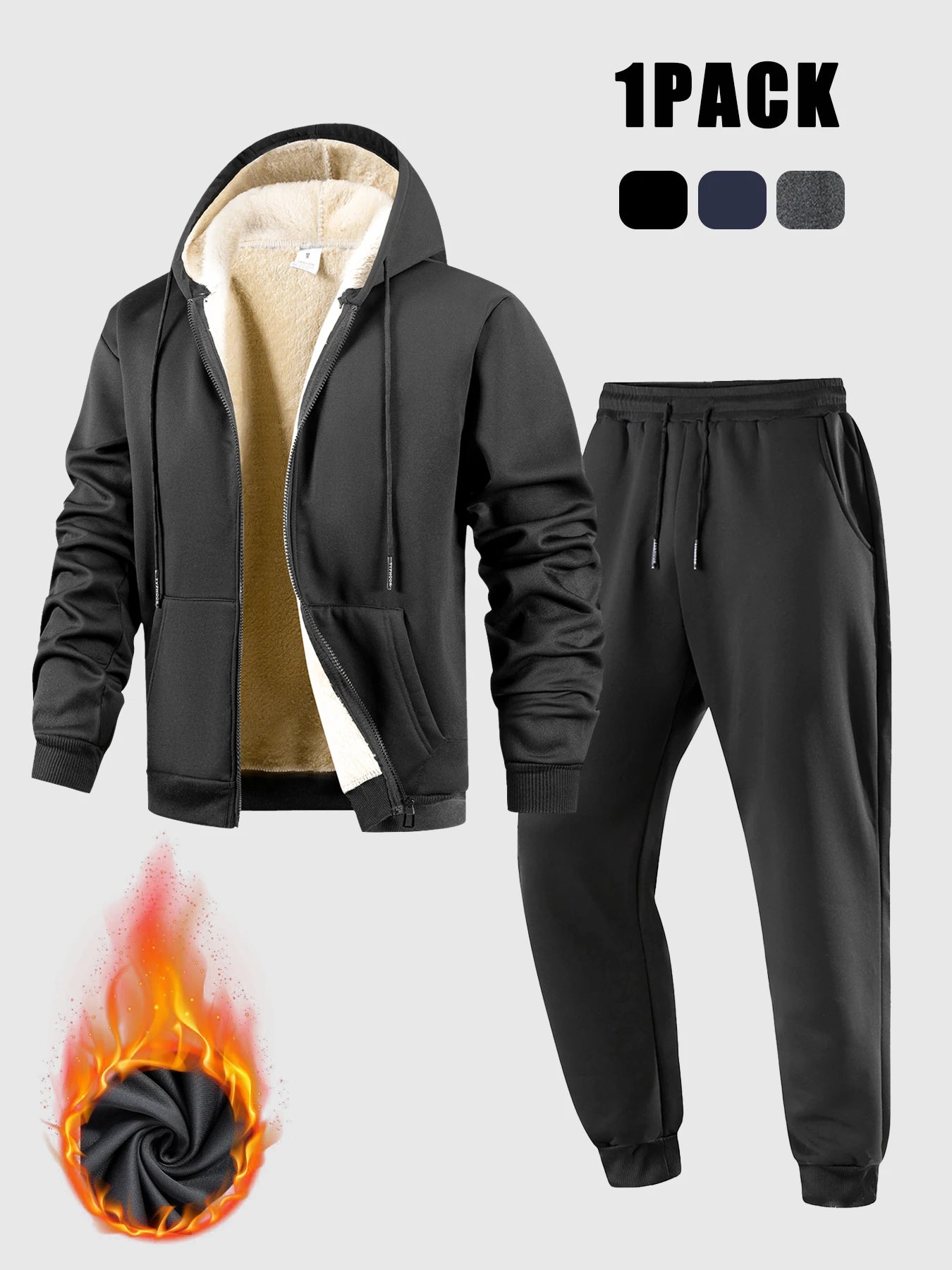 Men's Suit Two-Piece Tracksuit Plush Thickened Warm Sports Jacket+Trousers Sports Suit Winter Outdoor Casual Hoodie Sportswear