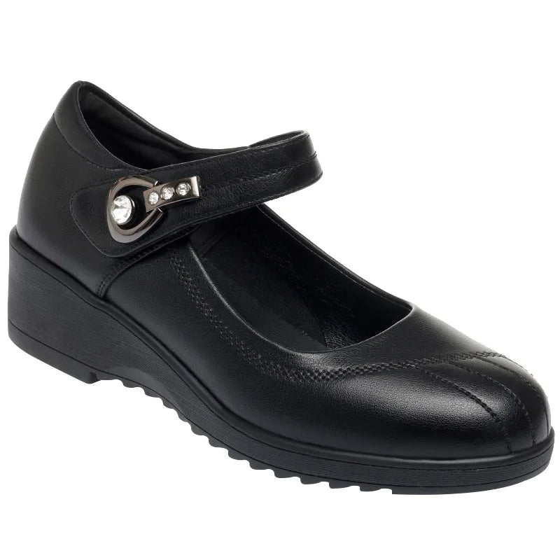 Women's Wedge Anti-slip  Ankle Strap Casual Office Comfortable Soft Leather Shallow Mouth Mom Shoes  Middle-aged Elderly