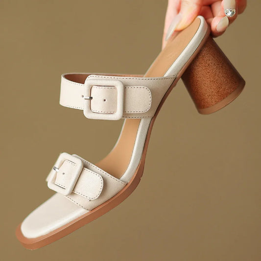 Women's sandals summer 2023 cow leather double metal belt 5.5cm thick med heel slip-on slippers elegant ladies slim daily pumps