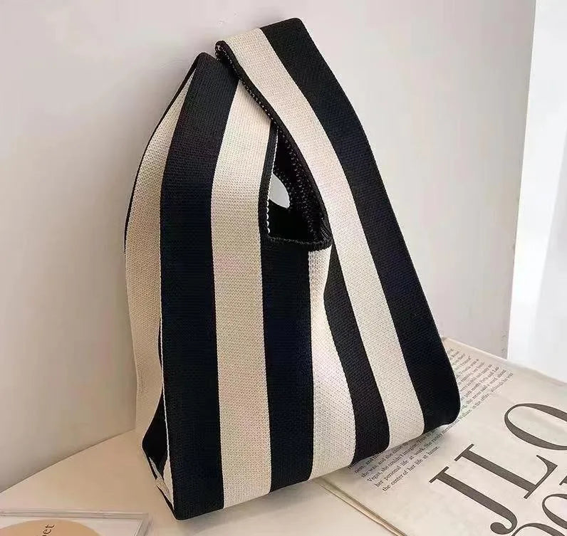 Women'S Knot Wrist Tote Bags Handmade Knitted Bag Portable Mini Striped Bucket Phone Bags Large Capacity Spring Summer Handbags