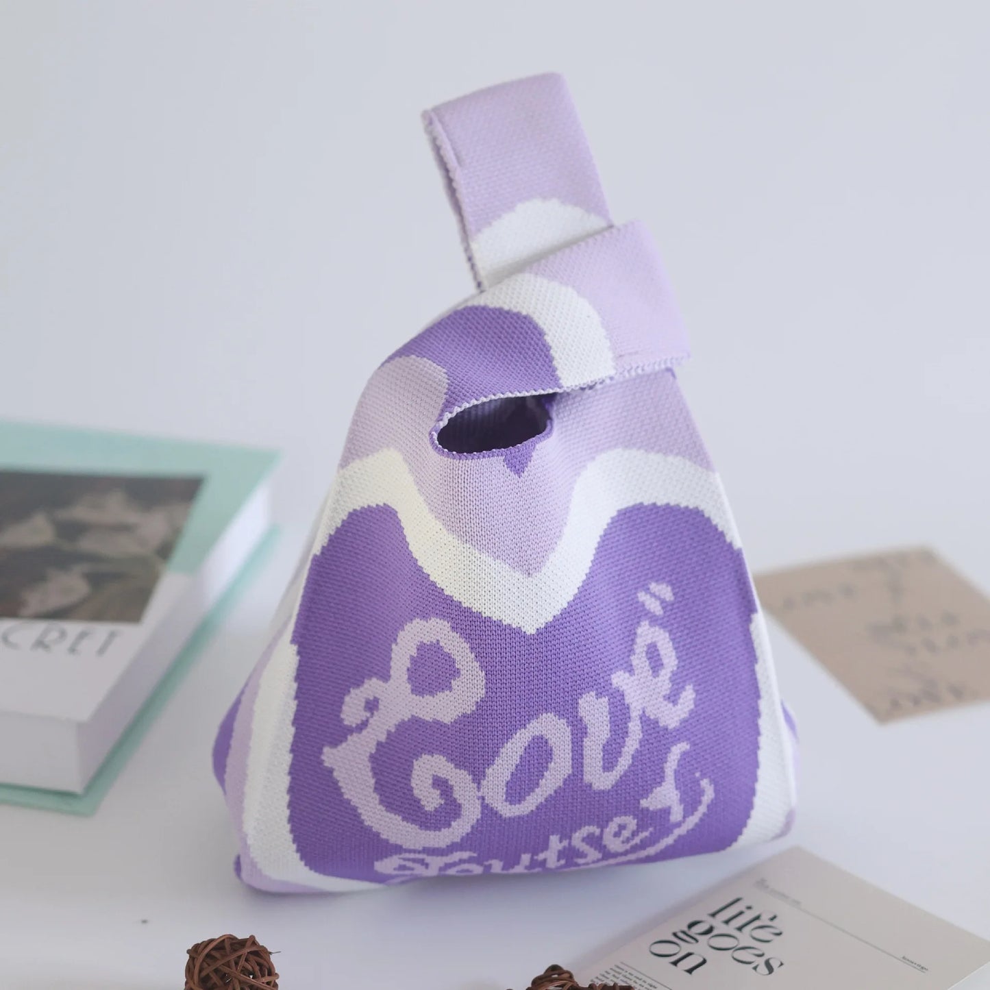 Women'S Knot Wrist Tote Bags Handmade Knitted Bag Portable Mini Striped Bucket Phone Bags Large Capacity Spring Summer Handbags