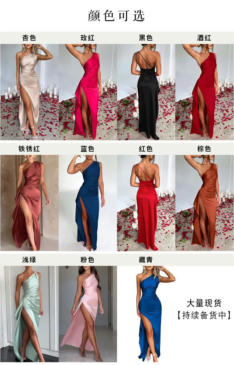 Sexy One Shoulder Satin Long Dress For Women Summer Sleeveless High Split Backless Party Evening Dresses Elegant Cocktail Dress