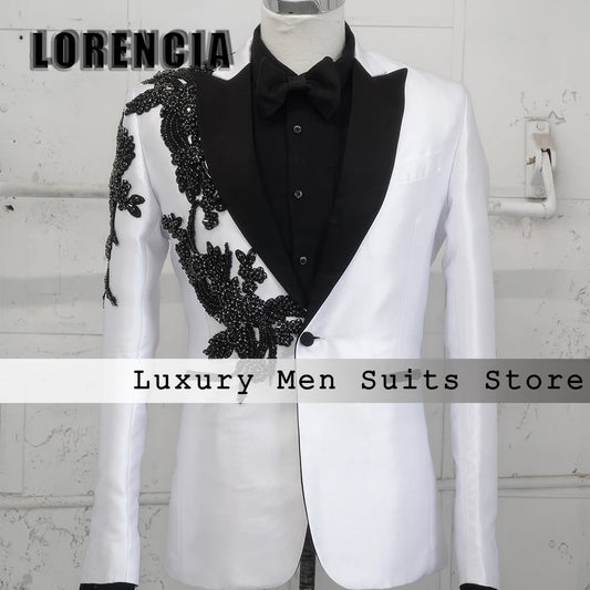 Fashion Applique Suits for Men 2 Pieces Peaked Label Wedding Groom Tuxedos Prom Outfit Customized Blazer Pants trajes de novio