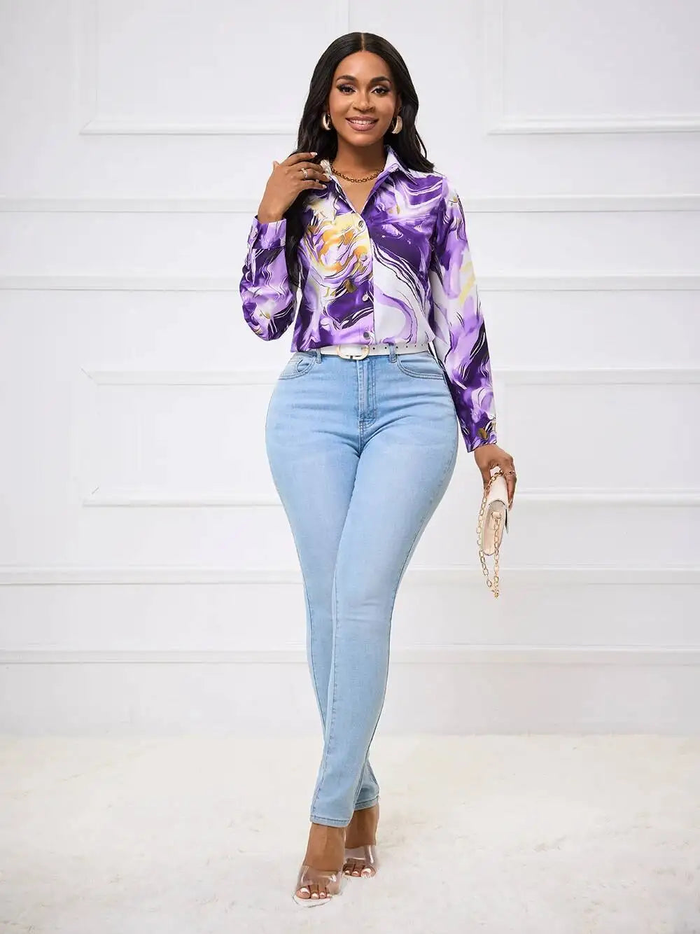 Women's Blouse Spring Summer Purple Gold Marble Print Collar Front Button Long Sleeve Satin Luxury Elegant Daily Office Top