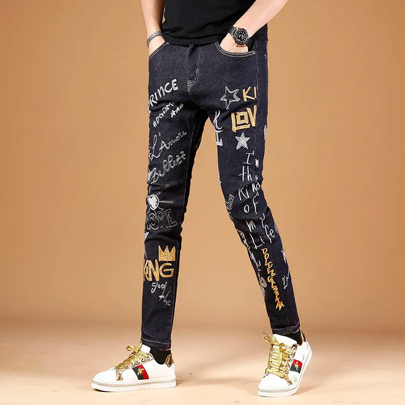 Summer New Embroidered Jeans Men Trendy Brand Korean Version Slim Fit Small Feet Trendy Casual Versatile Stretch Pants