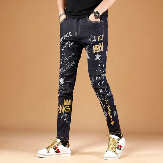 Summer New Embroidered Jeans Men Trendy Brand Korean Version Slim Fit Small Feet Trendy Casual Versatile Stretch Pants