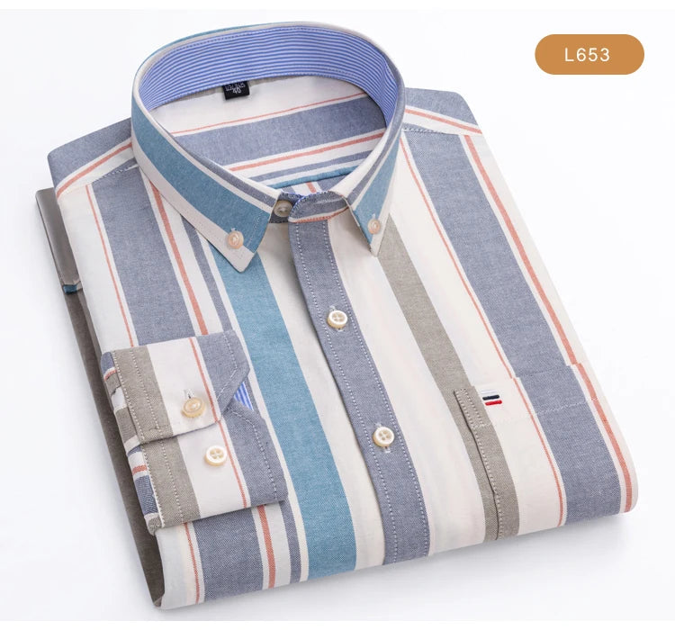 Men's Oxford Long Sleeve Shirt 100% Cotton Wrinkle Resistant & Breathable, Solid Plaid Striped Comfort Casual Button-down Shirts