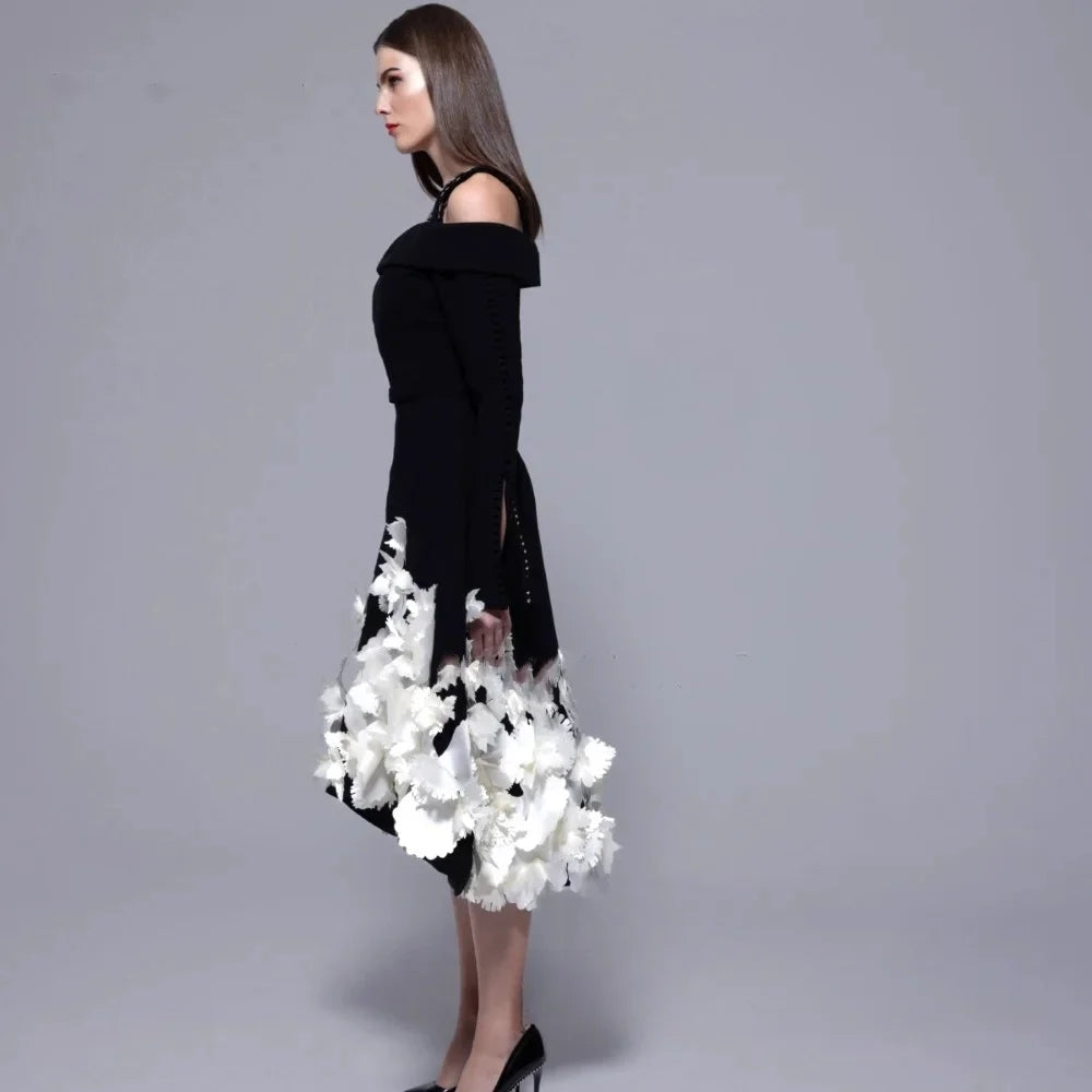 Black Floral Long Sleeves Bespoke Occasion Gown Evening Dresses Pastrol Unisex Jersey Retro Dubai Saudi Arabic Prom Customized