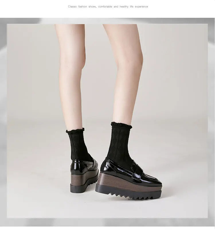 8cm Heeled Platform Wedges Shoes Womens High Heels Casual Lazy Shoes Square Toe Wedge Creepers Pumps Damen Black