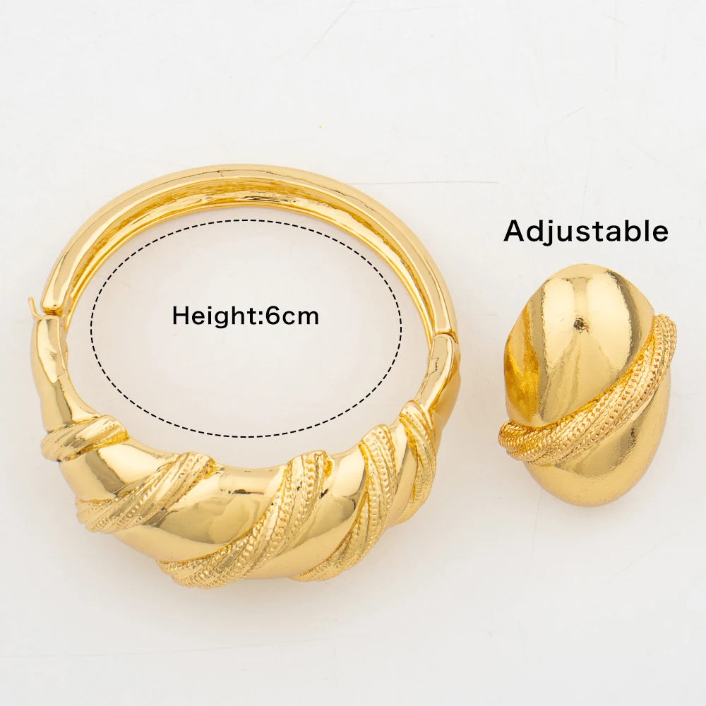 4Set Luxury Bangle Ring For Women Dubai Gold Color Bracelet France Jewelry Set Arabic African Adjustable Ring Party Wedding Gift