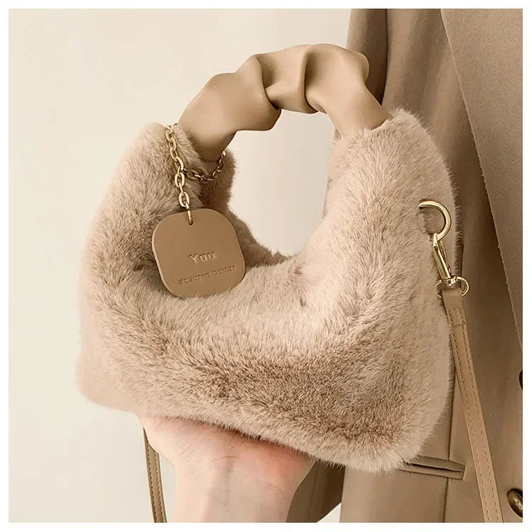 Women Faux Fur Plush Handbags Ruched Handle Small Lady Shoulder Crossbody Bag Casual Tote Half-Moon Hobos Winter Bags for Women