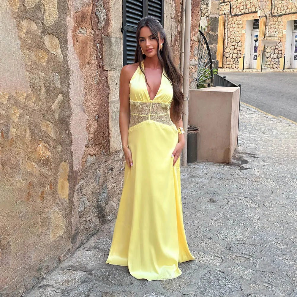 Sexy Deep V-neck Backless Lace Patchwork Satin Dresses for Women 2026 Summer Halter Sleeveless Long Maxi Party Evening Dress