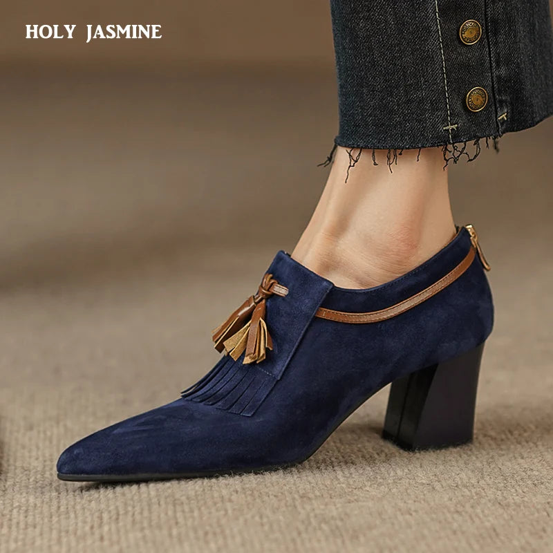 2025 Spring Women Shoes Pointed Toe Chunky Heel Women Pumps Sheep Suede High Heels Belt Buckle Shoes for Women zapatos de mujer