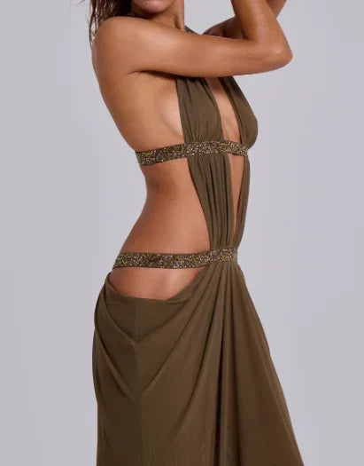 Women Sexy Backless Sequin Halter Dress Sleeveless Off Shoulder Hollow Out Pleated Maxi Dresses 2026 Lady Evening Party Gowns