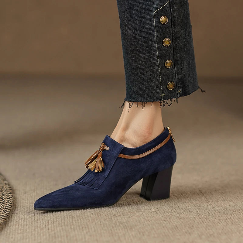 2025 Spring Women Shoes Pointed Toe Chunky Heel Women Pumps Sheep Suede High Heels Belt Buckle Shoes for Women zapatos de mujer