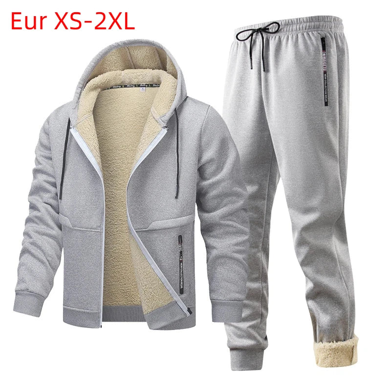 Men's Fleece Tracksuit Set Hooded Jacket + Pants Winter Warm Sherpa Lining Sports Suit Casual Outfit Eurban Style Workout Set