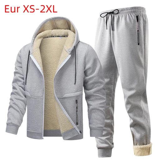 Men's Fleece Tracksuit Set Hooded Jacket + Pants Winter Warm Sherpa Lining Sports Suit Casual Outfit Eurban Style Workout Set