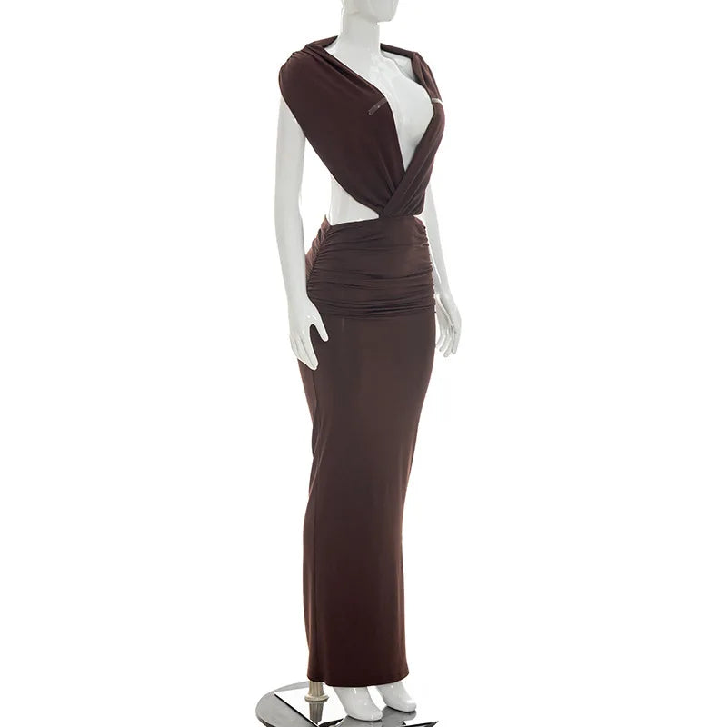 Women Fashion Sexy Bodycon Maxi Dress Deep V Neck Halter Backless Sleeveless Ruched Slim Party Long Robe Evening Gown Clubwear