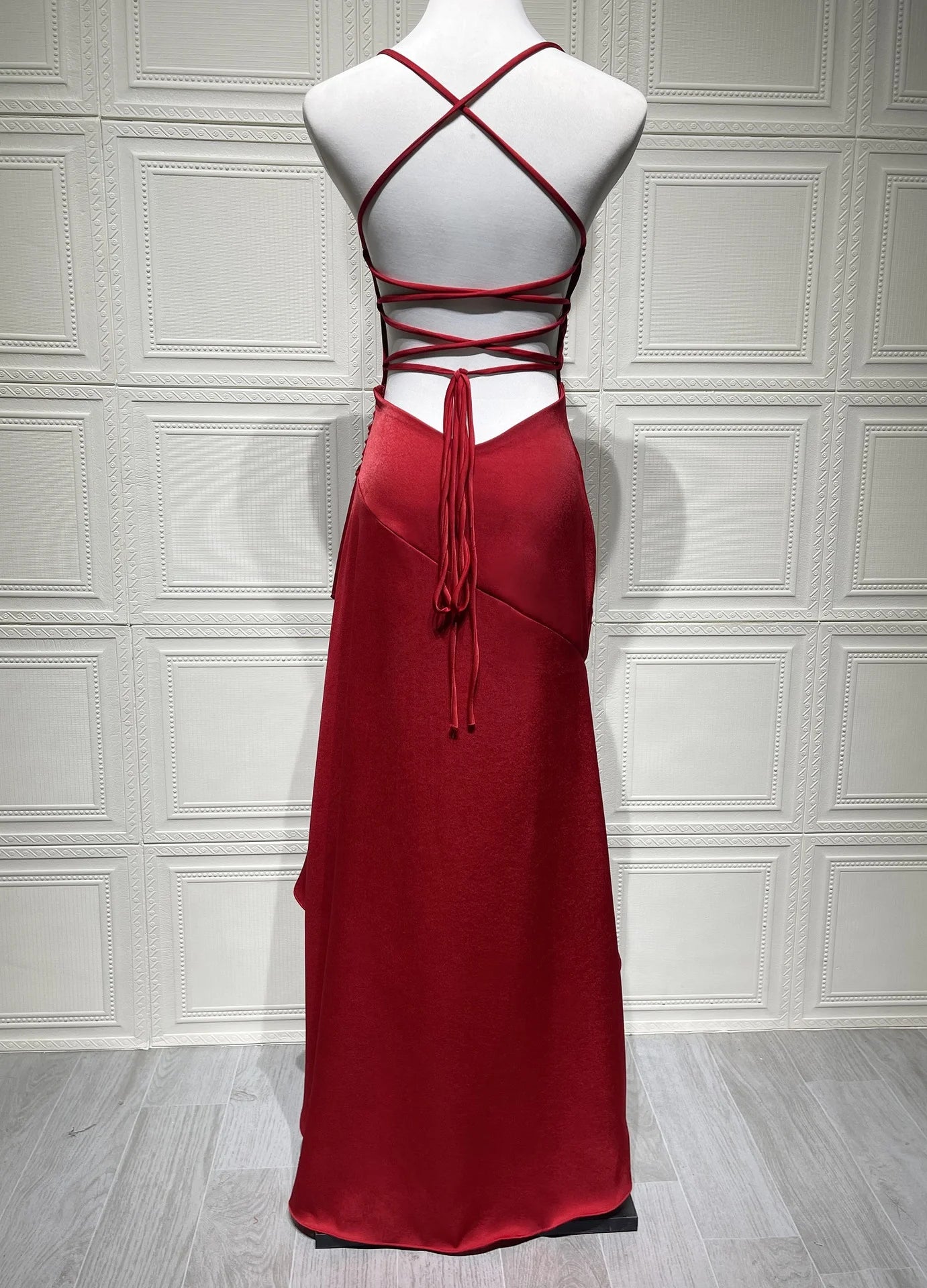 Tesco Red Sexy Evening Dresses Spaghetti Straps Asymmetrical Ruffle Prom Dresses Smooth Satin Women Summer Long Dresses