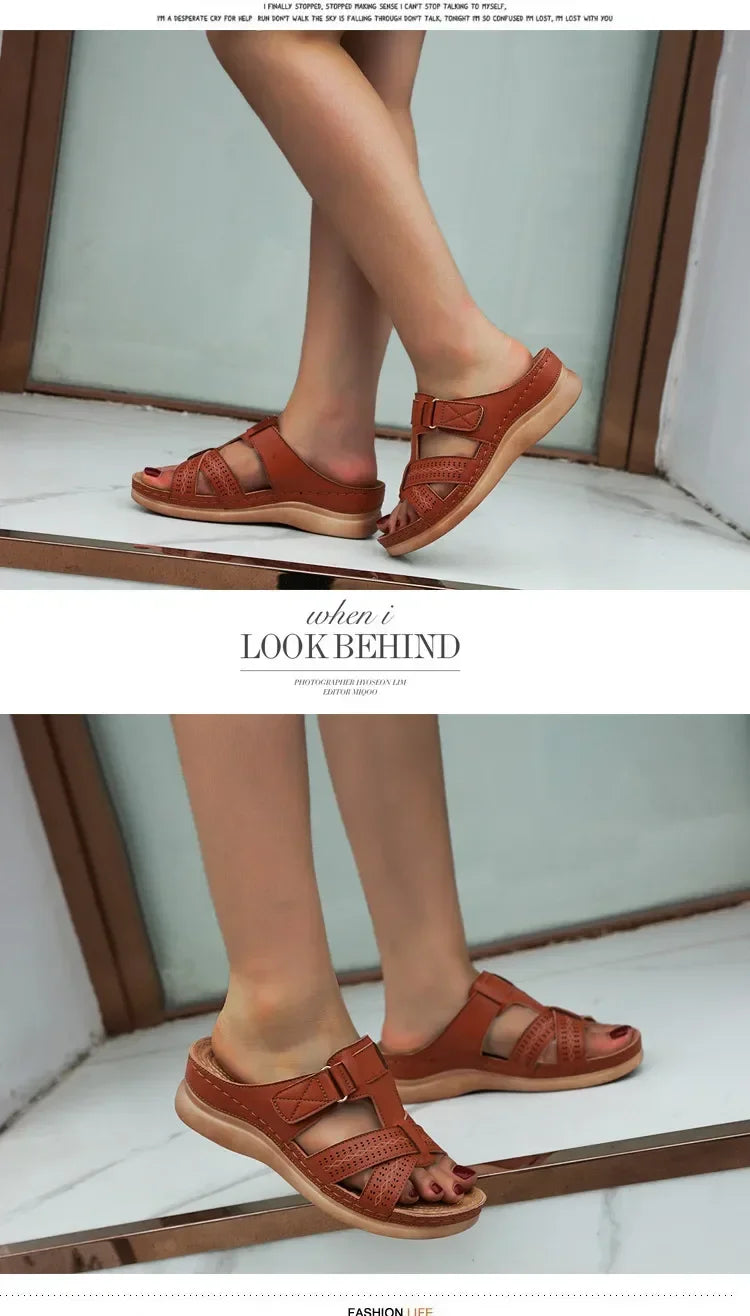 2024 Summer Women Wedge Sandals Premium Orthopedic Open Toe Sandals Vintage Anti-slip Leather Casual Female Platform Retro Shoes