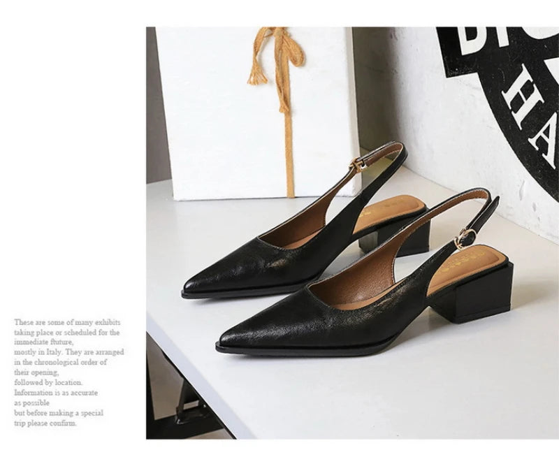 Simple And High-End Women's Shoes With Thick Heels Shallow Mouth Pointed Toe Slim Pedicures With Empty Back Tripping Mid-Heeled