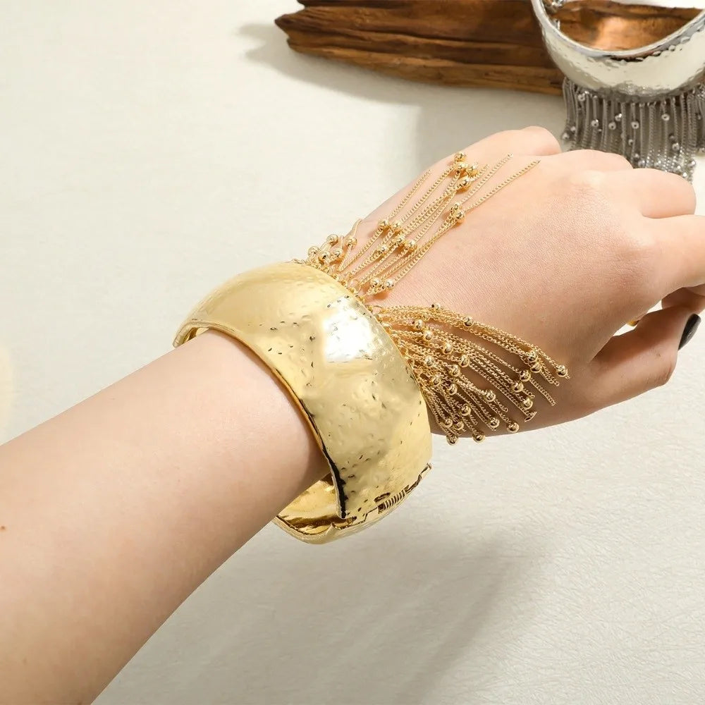 Exaggerated Beads Silver Metal Bangle Tassels Chains Beads Chains Wide Tassels Bracelets Women