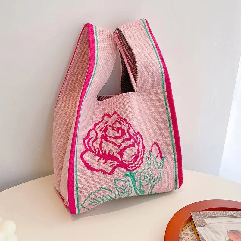 Women'S Knot Wrist Tote Bags Handmade Knitted Bag Portable Mini Striped Bucket Phone Bags Large Capacity Spring Summer Handbags