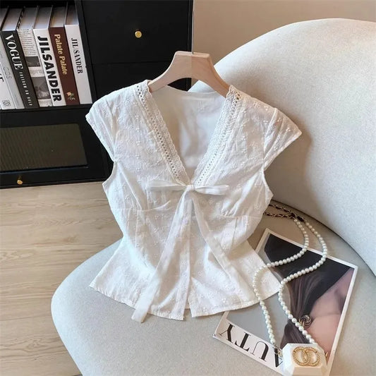 Women's White Floral Embroidery Blouse with Shirts Tie-Waist Detail Blouse