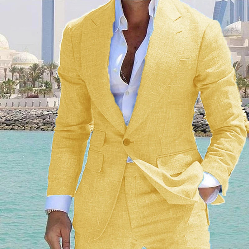 Men's Suit 2 Piece Set Linen Lapel Slim Fit Single Button Casual Comfortable Suit Formal Groom Best Man Dress Elegant and Stylis
