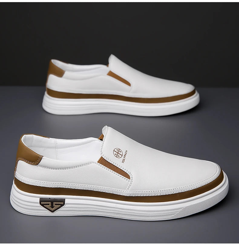 New 2025 Men's Genuine Leather Casual Sneakers Spring Summer Fashion Slip-On White Shoes Soft Sole Comfortable for Everyday Wear