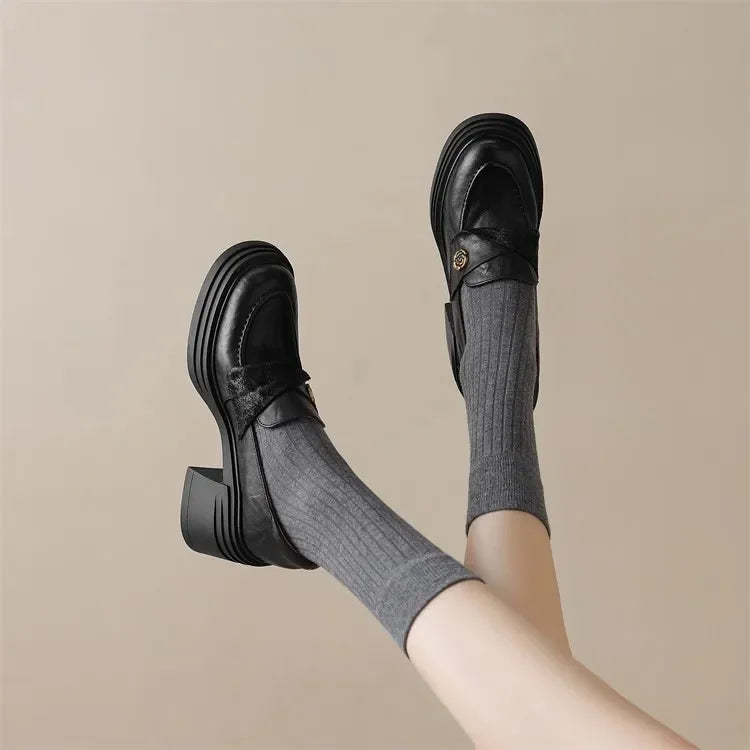 Women High Heel Shoes 2025 Retro Spring Autumn Performance Causal Women's Loafers Fashion Versatile Pumps Ladies Leather Shoes