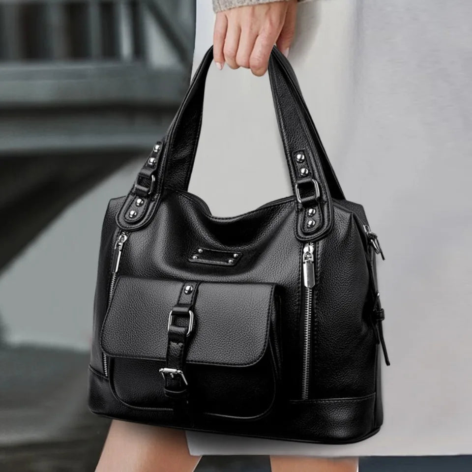Women's Casual Tote Soft Leather Handbag Luxury Designer Shoulder Crossbody Hand Bag Ladies Shopping Sac Front Double Zipper