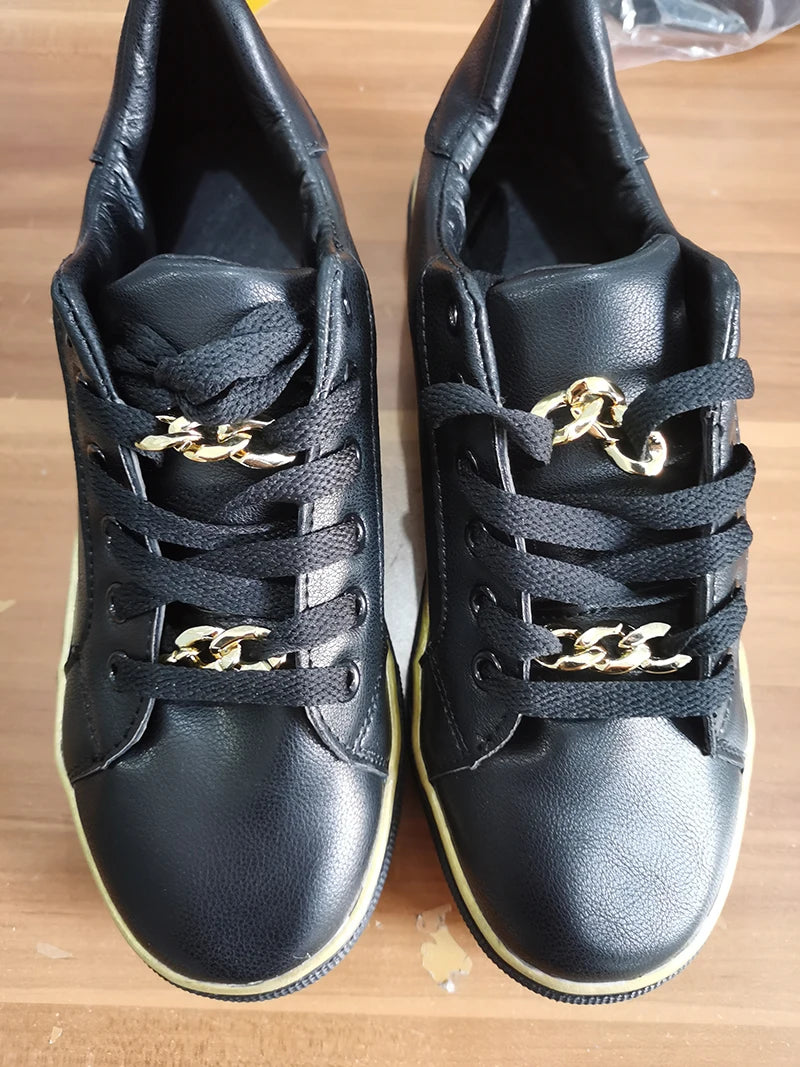 Women's Sneakers 2023 New Fashion Chain Leather Comfortable Round Toe Platform Sneakers Lace-up Walking Women's Vulcanized Shoes