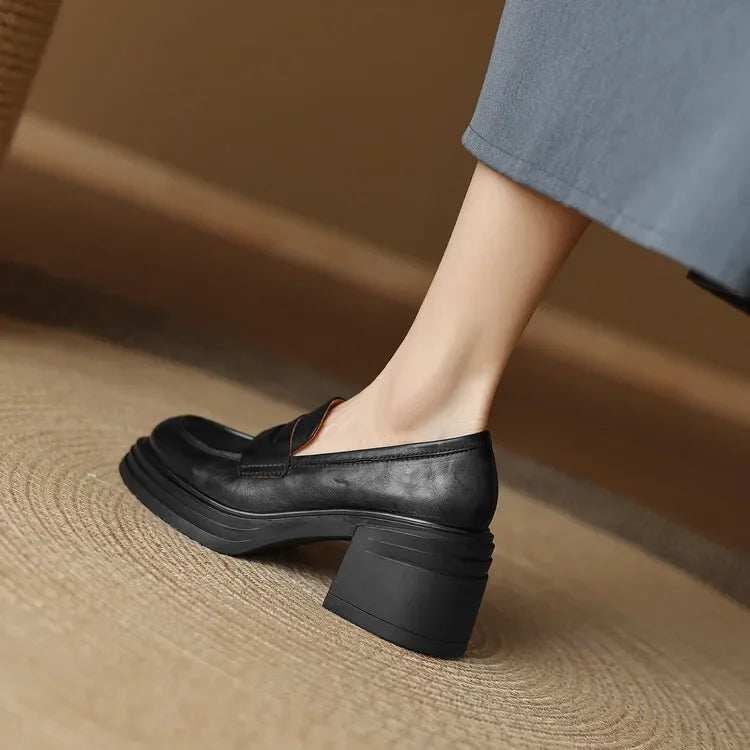 Women Chunky Heel Genuine Leather Wedge Shoes Woman Platform Pumps Female High Heel Zapatos Mujer Handmade thick sole Loafers