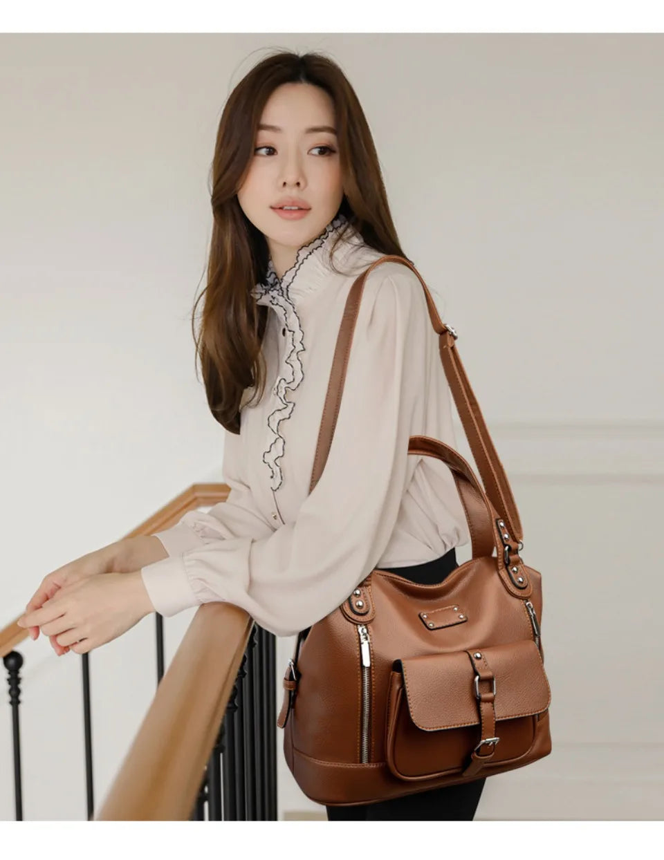 Women's Casual Tote Soft Leather Handbag Luxury Designer Shoulder Crossbody Hand Bag Ladies Shopping Sac Front Double Zipper