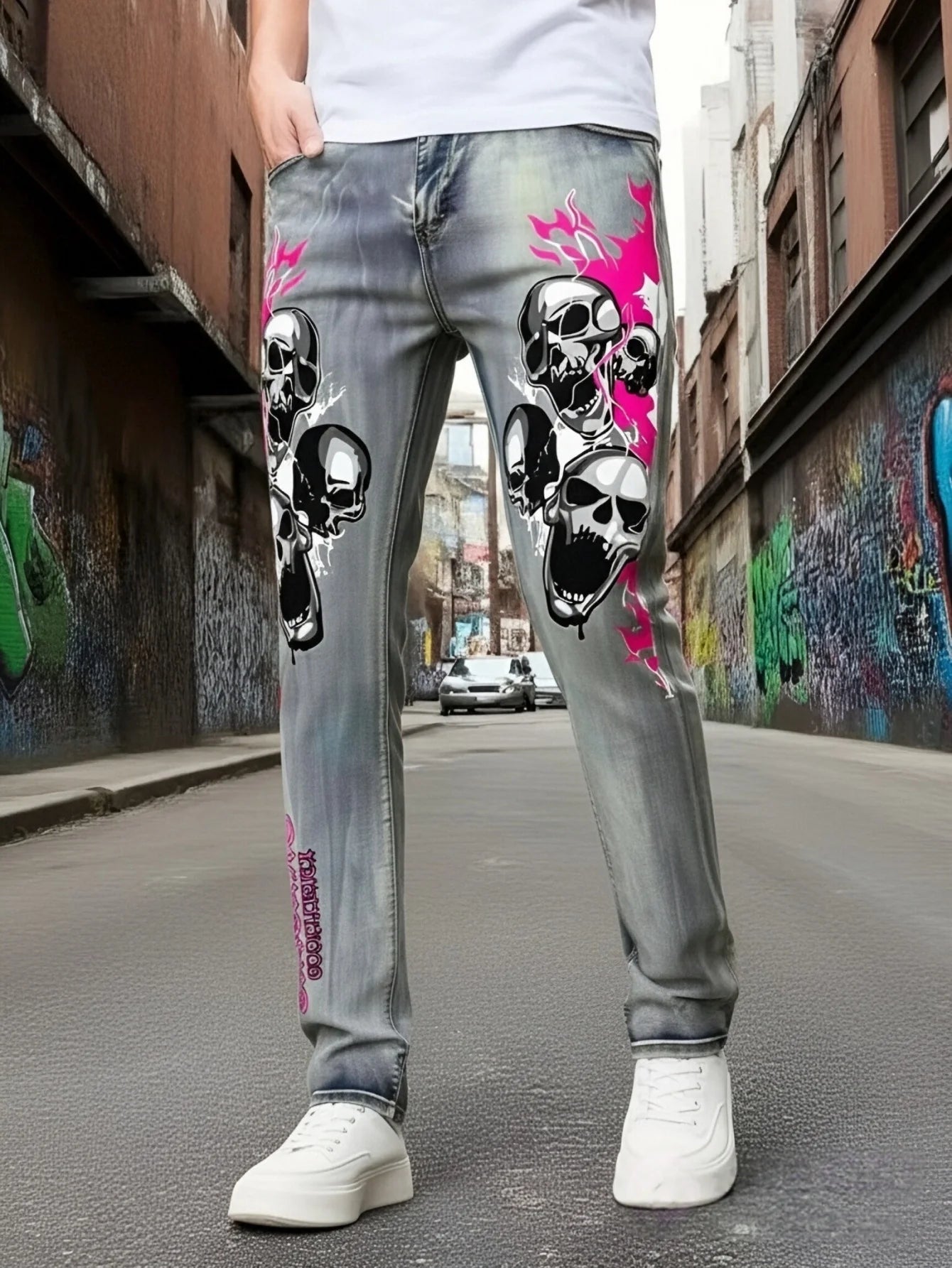 Men's Jeans With Fashionable Devil Print  High Waisted and Wide Leg Style  Enjoy Promotional Discount With Free Shipping